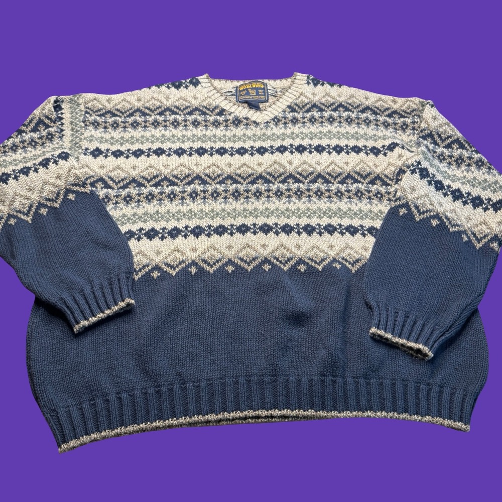 Woolrich Sweater Mens XL Blue Beige Fair Isle Crewneck Pullover Knit USA